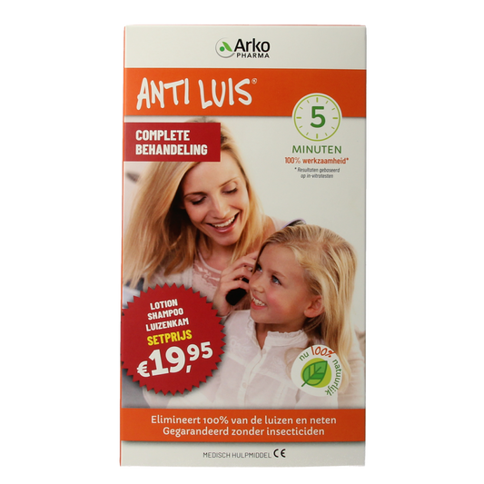 Anti Luis hair care set featuring anti-luis lotion, shampoo, and kam for healthy hair care, displayed in a sleek packaging.