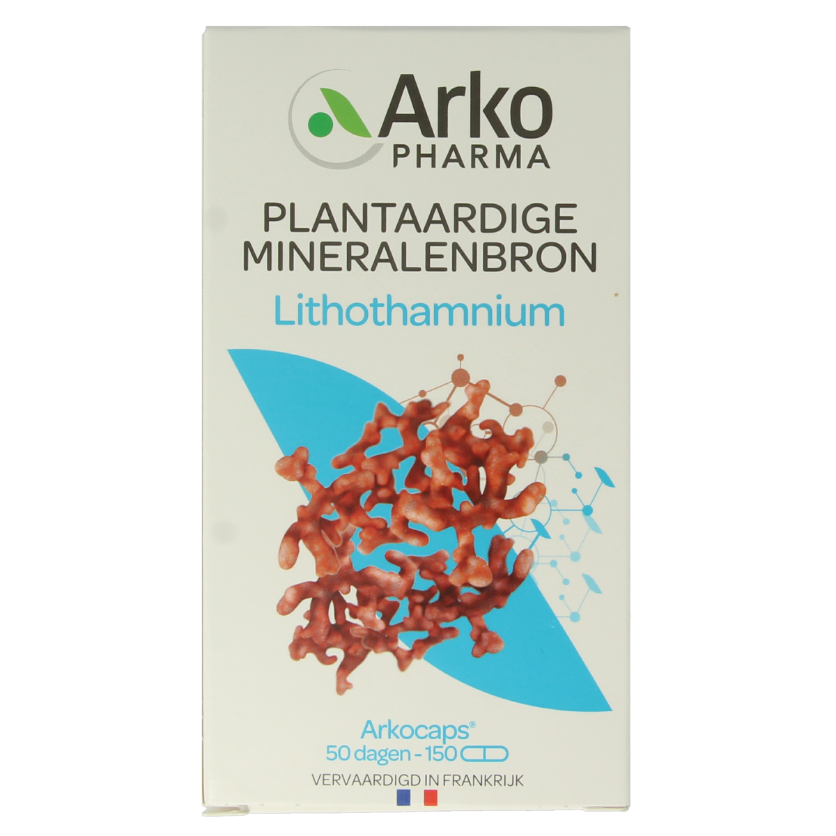 Arkocaps Lithothamnium vegetarian capsules in a bottle, herbal supplement for mineral support, brand Arkocaps.