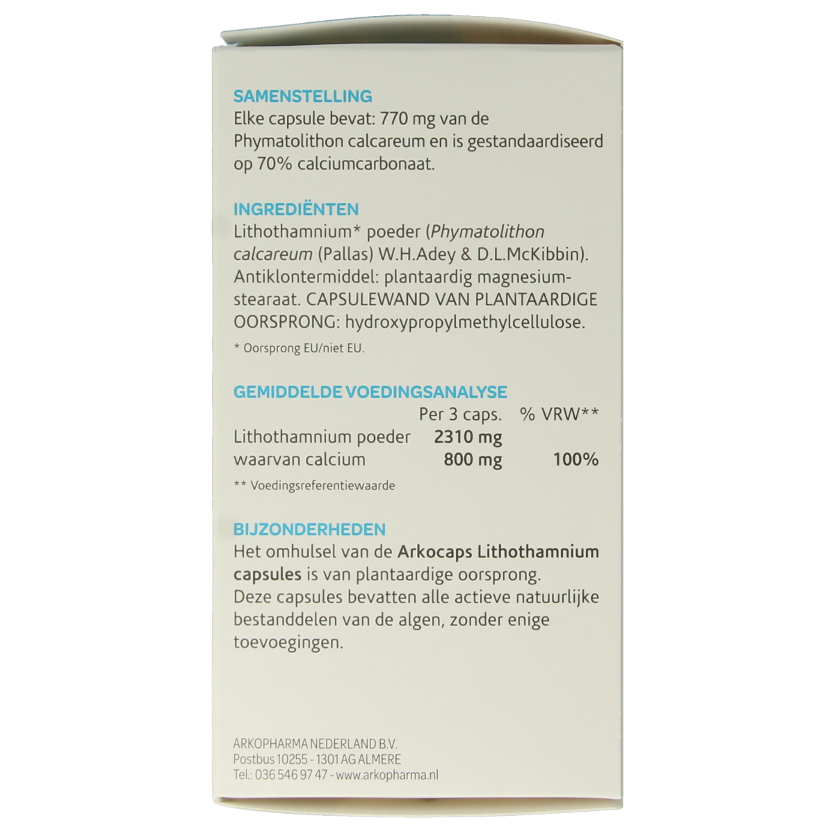 Arkocaps Lithothamnium vegetarian capsules, herbal supplement in a clear container with capsules inside.