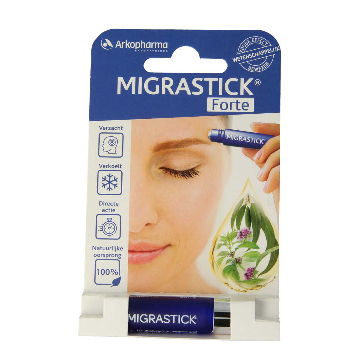 Migrastick Forte hoofdroller in 3ml, a body care product with a white rollerball applicator for targeted relief.