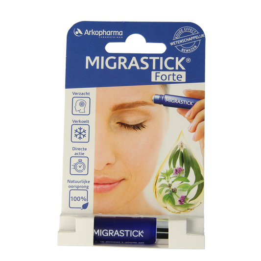 Migrastick Forte hoofdroller in 3ml, a body care product with a white rollerball applicator for targeted relief.