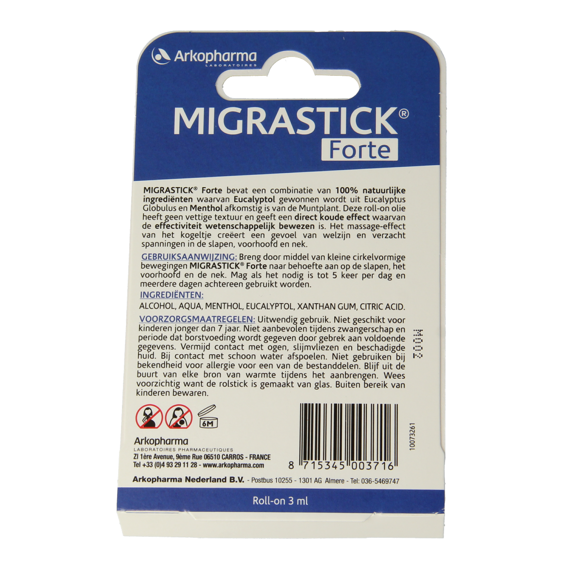 Migrastick Forte hoofdroller with 3ml body care product, featuring a sleek design and applicator for migraine relief.