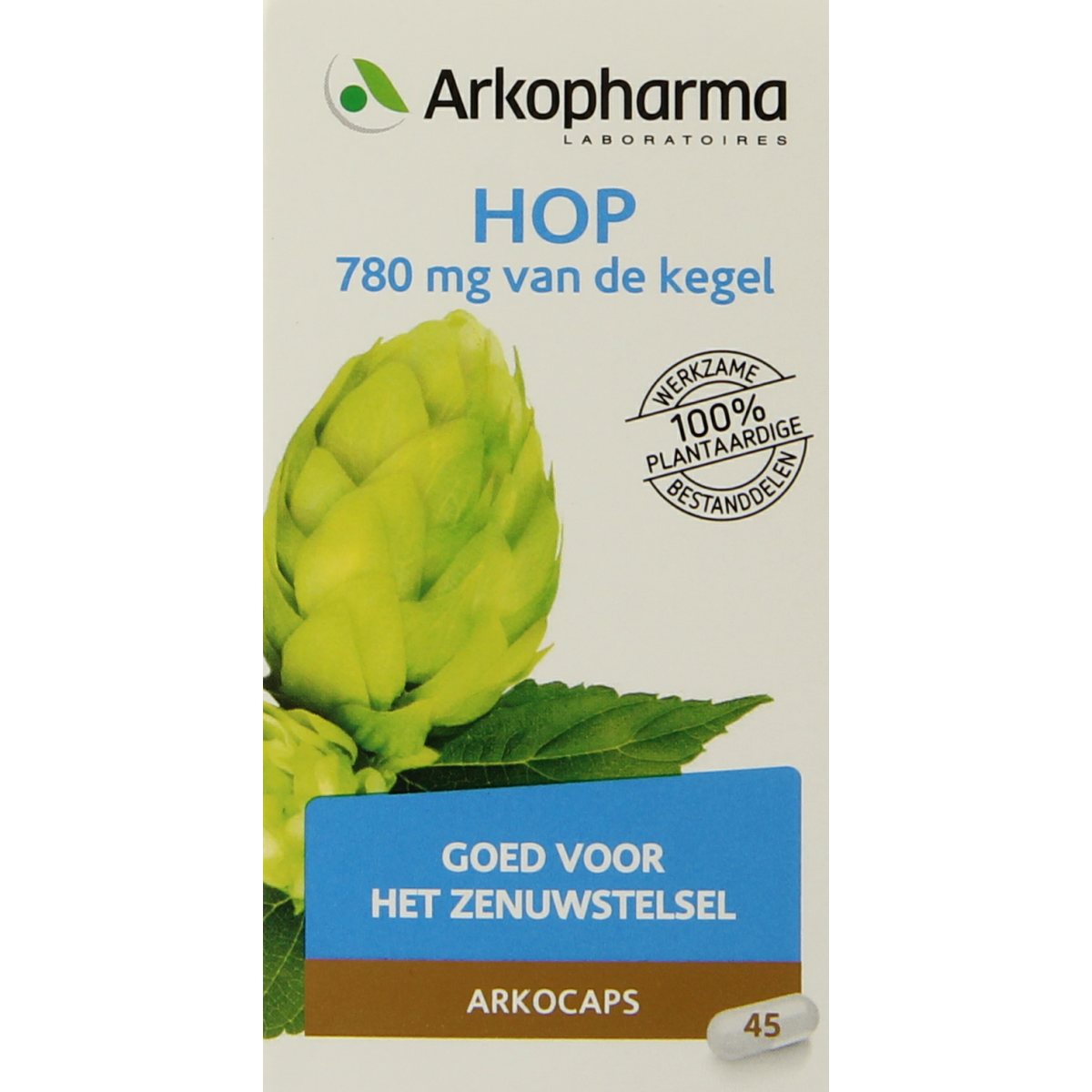 Arkocaps Hop capsules, herbal supplement in a clear bottle with white cap, showing the product label and capsules inside.
