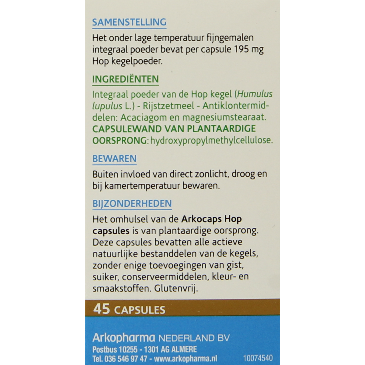 Arkocaps Hop herbal capsules in a blister pack, natural supplement for relaxation and sleep support by Arkocaps.