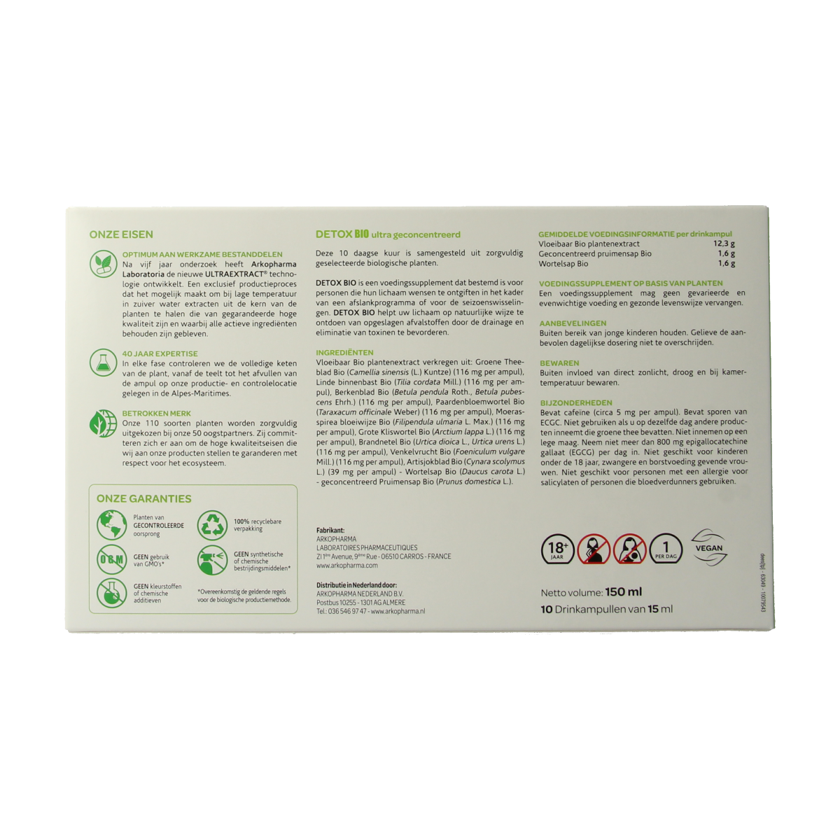 Arkofluids Detox drink ampoules in 15ml bio herbal preparation, featuring 10 ampoules for cleansing and detoxification.
