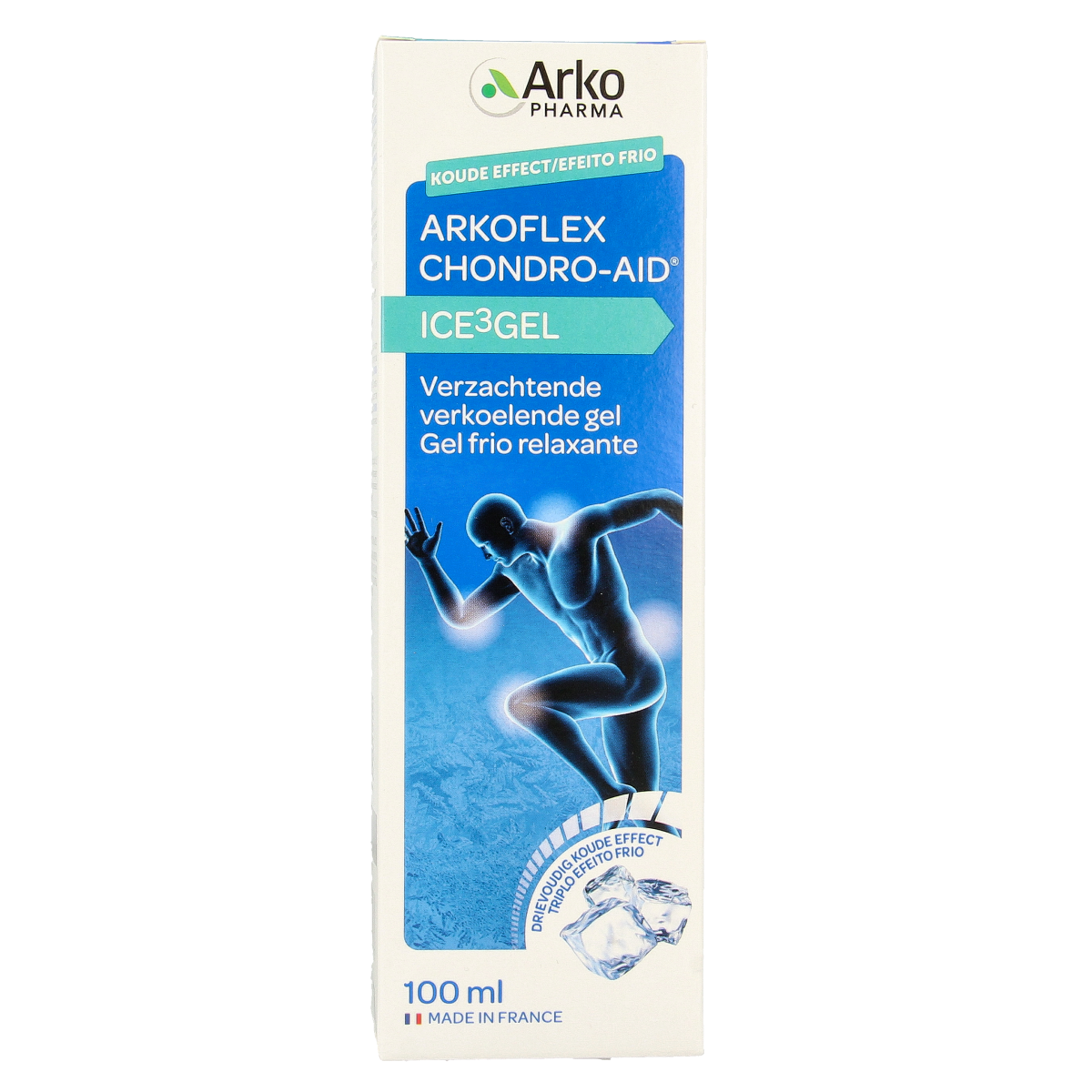 Arkopharma Ice 3 gel for muscle and joint care, 100ml tube showing the product packaging and branding.