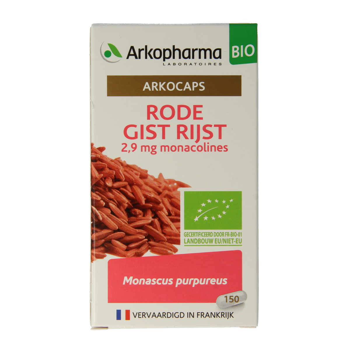 Arkocaps Rode Gist Rijst bio capsules in a bottle, natural herbal supplement by Arkocaps for health and wellness.