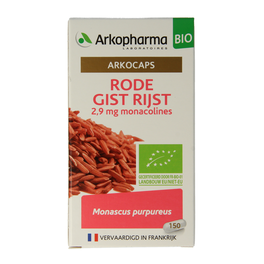 Arkocaps Rode Gist Rijst bio capsules in a bottle, natural herbal supplement by Arkocaps for health and wellness.