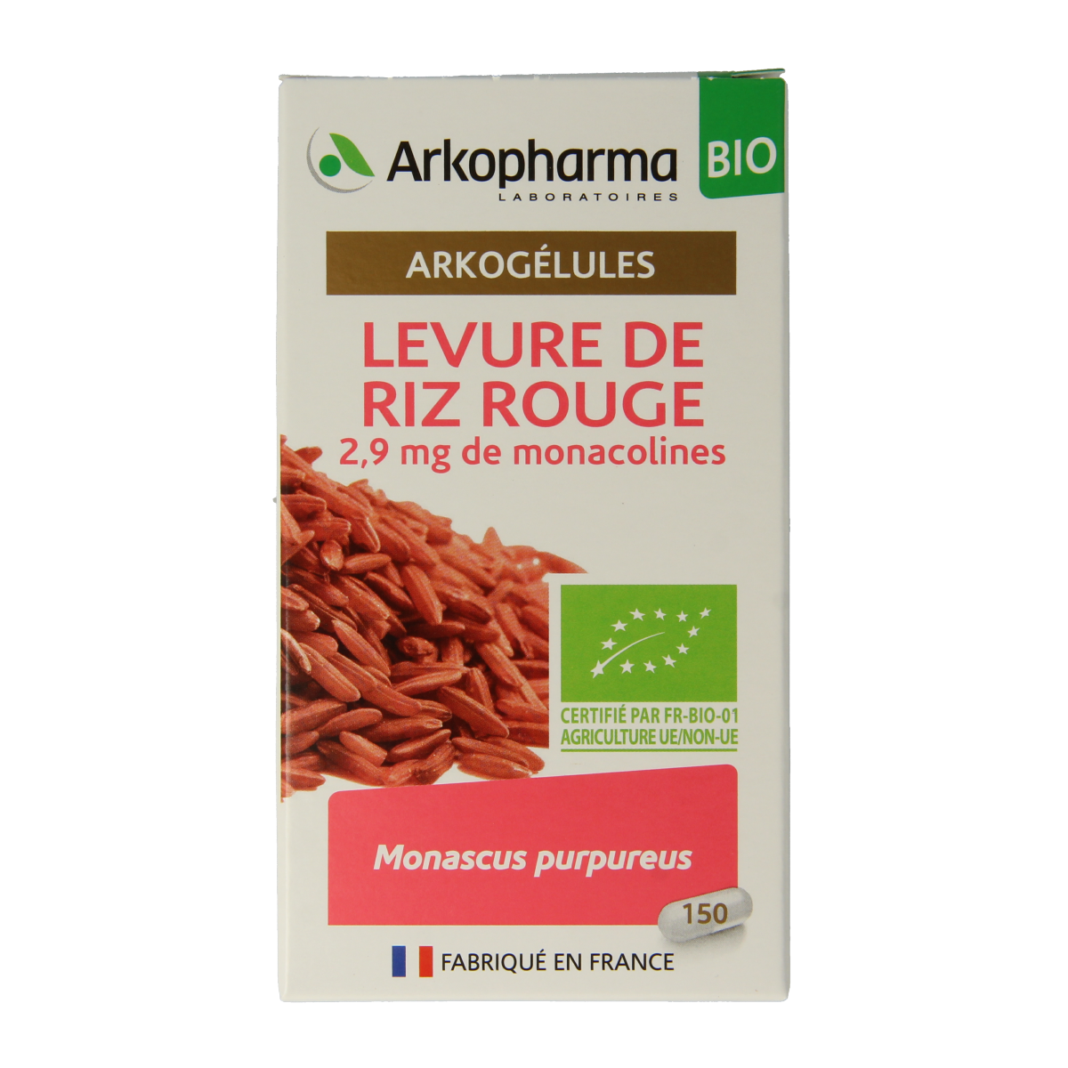 Arkocaps Rode Gist Rijst bio capsules, herbal supplement in a clear bottle with capsules inside, from Arkocaps brand.
