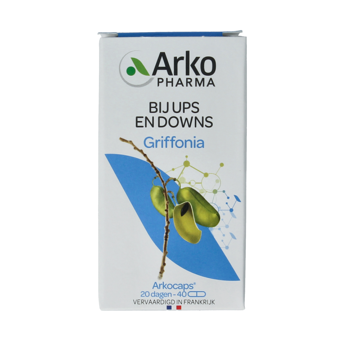 Arkocaps Griffonia herbal capsules in a bottle, natural supplement for mood and relaxation, from Arkocaps brand.