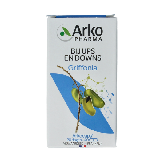 Arkocaps Griffonia herbal capsules in a bottle, natural supplement for mood and relaxation, from Arkocaps brand.