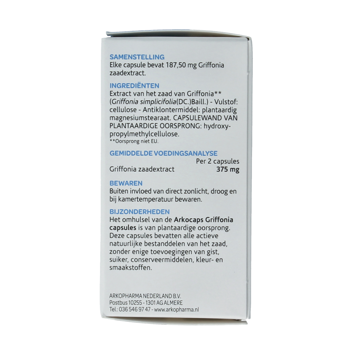 Arkocaps Griffonia capsules, herbal supplement in a white bottle with label, designed for natural health support.