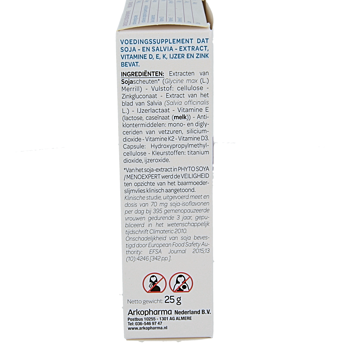 Bottle of Phyto Soya Menopause Expert capsules with 60 capsules, herbal supplement by Phyto Soya in a white container.