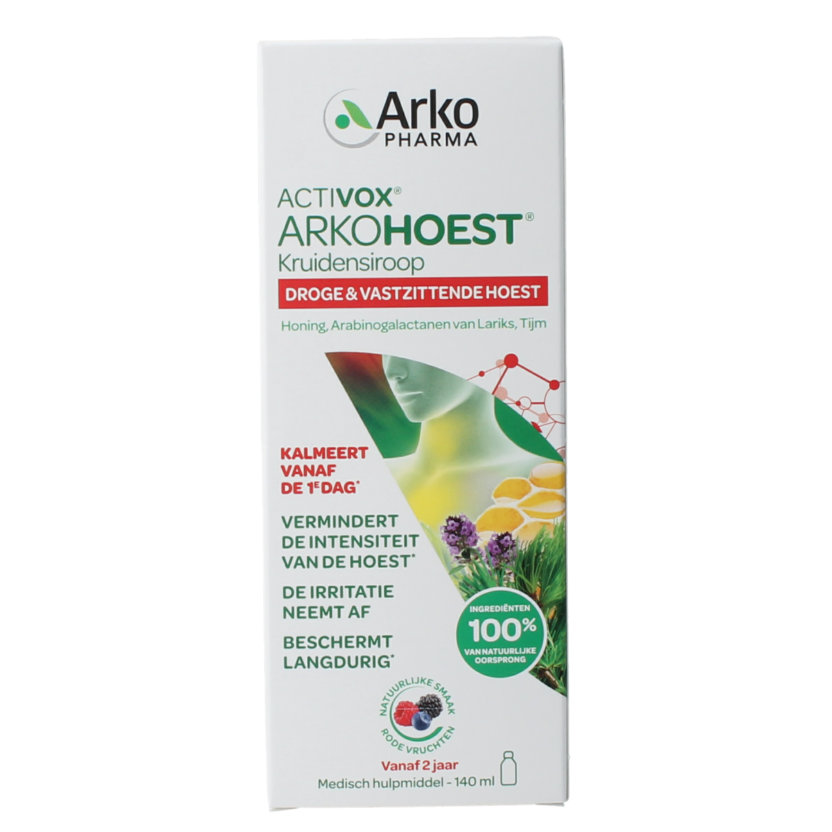 Bottle of Arkohoest Kruidensiroop hoestsiroop with honey, 140ml, featuring herbal ingredients and a honey-sweetened formula.