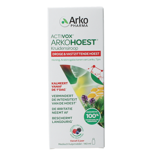 Bottle of Arkohoest Kruidensiroop hoestsiroop with honey, 140ml, featuring herbal ingredients and a honey-sweetened formula.