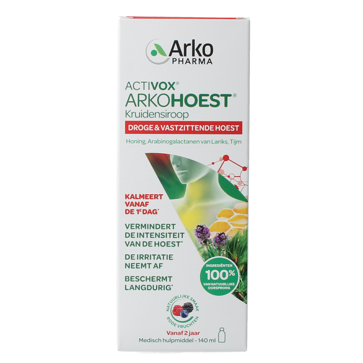 Bottle of Arkohoest Kruidensiroop hoestmiddel with honey, 140ml, featuring herbal ingredients and a clear label.