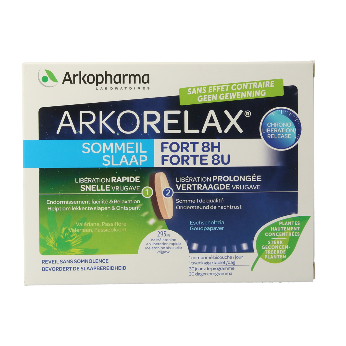 Arkorelax Slaap Forte herbal supplement in a bottle, featuring 30 tablets for natural sleep support.