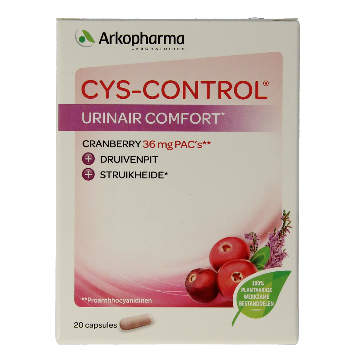 Cys-Control Urinair Comfort capsules for urinary health, containing herbal ingredients in a 20-capsule bottle.