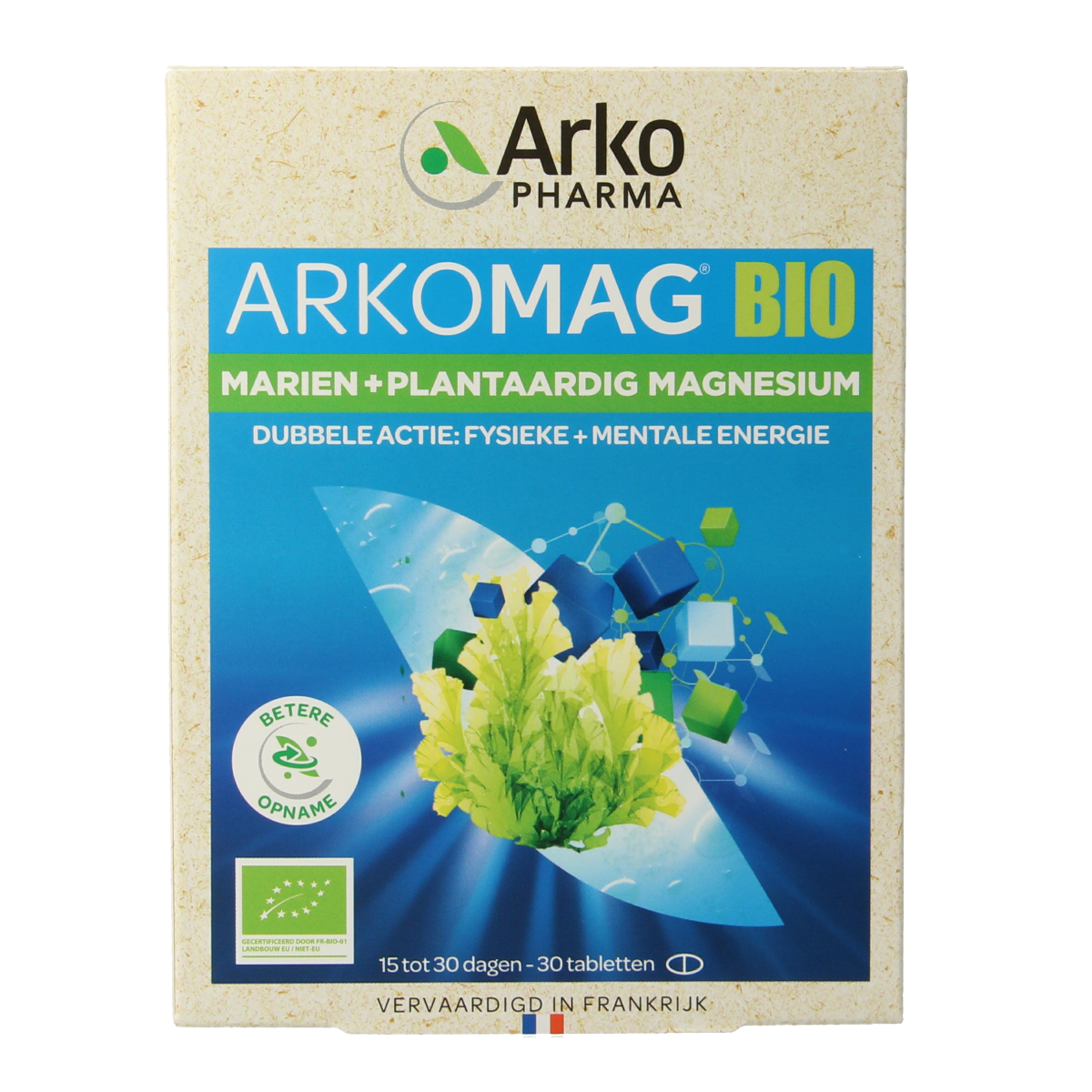 Arkovital Magnesium bio mineral tablets, 30 count, showing the bottle and tablets inside, natural supplement for muscle and nerve health