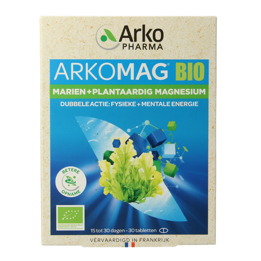 Arkovital Magnesium bio mineral tablets, 30 count, showing the bottle and tablets inside, natural supplement for muscle and nerve health