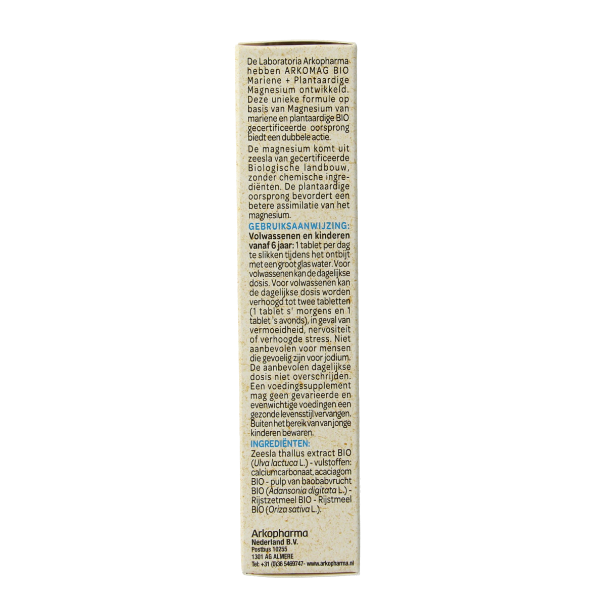 Arkovital Magnesium bio supplement in a bottle with 30 tablets, showing the tablets and packaging label.