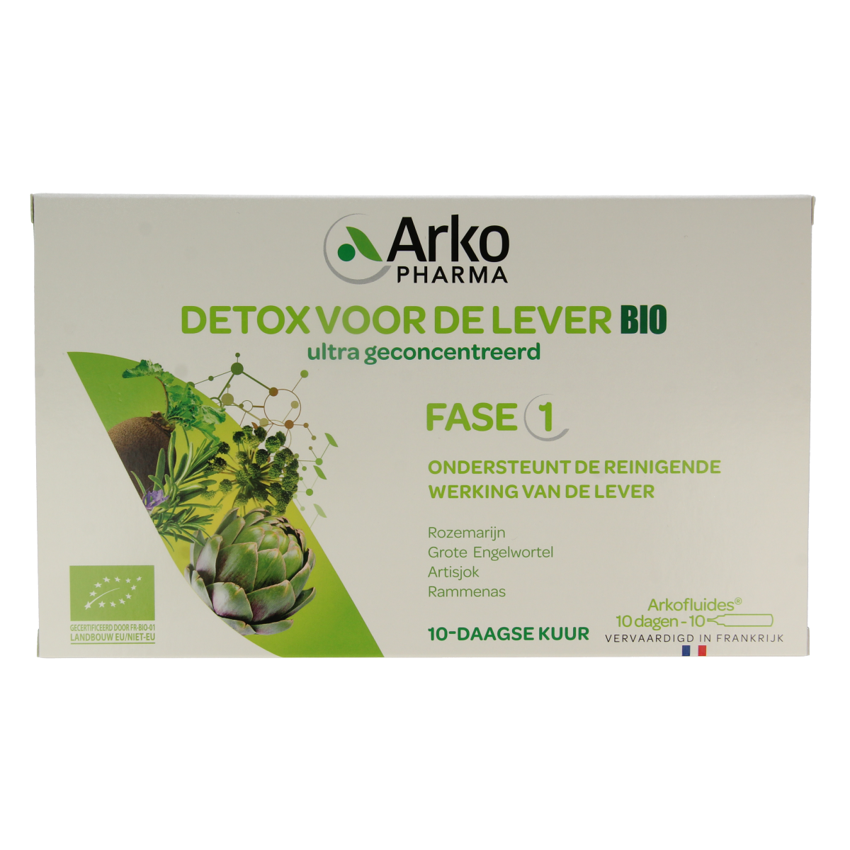 Arkofluids Detox Lever Bio herbal supplement ampoules in a white box with 10 ampules, herbal preparation for detox.