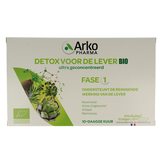 Arkofluids Detox Lever Bio herbal supplement ampoules in a white box with 10 ampules, herbal preparation for detox.
