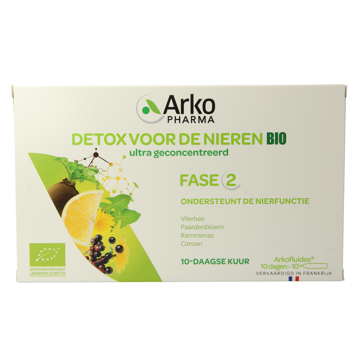 Arkofluids Detox Nieren bio herbal supplement in a box with 10 ampoules, featuring natural herbal ingredients for kidney support