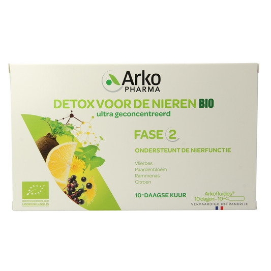 Arkofluids Detox Nieren bio herbal supplement in a box with 10 ampoules, featuring natural herbal ingredients for kidney support