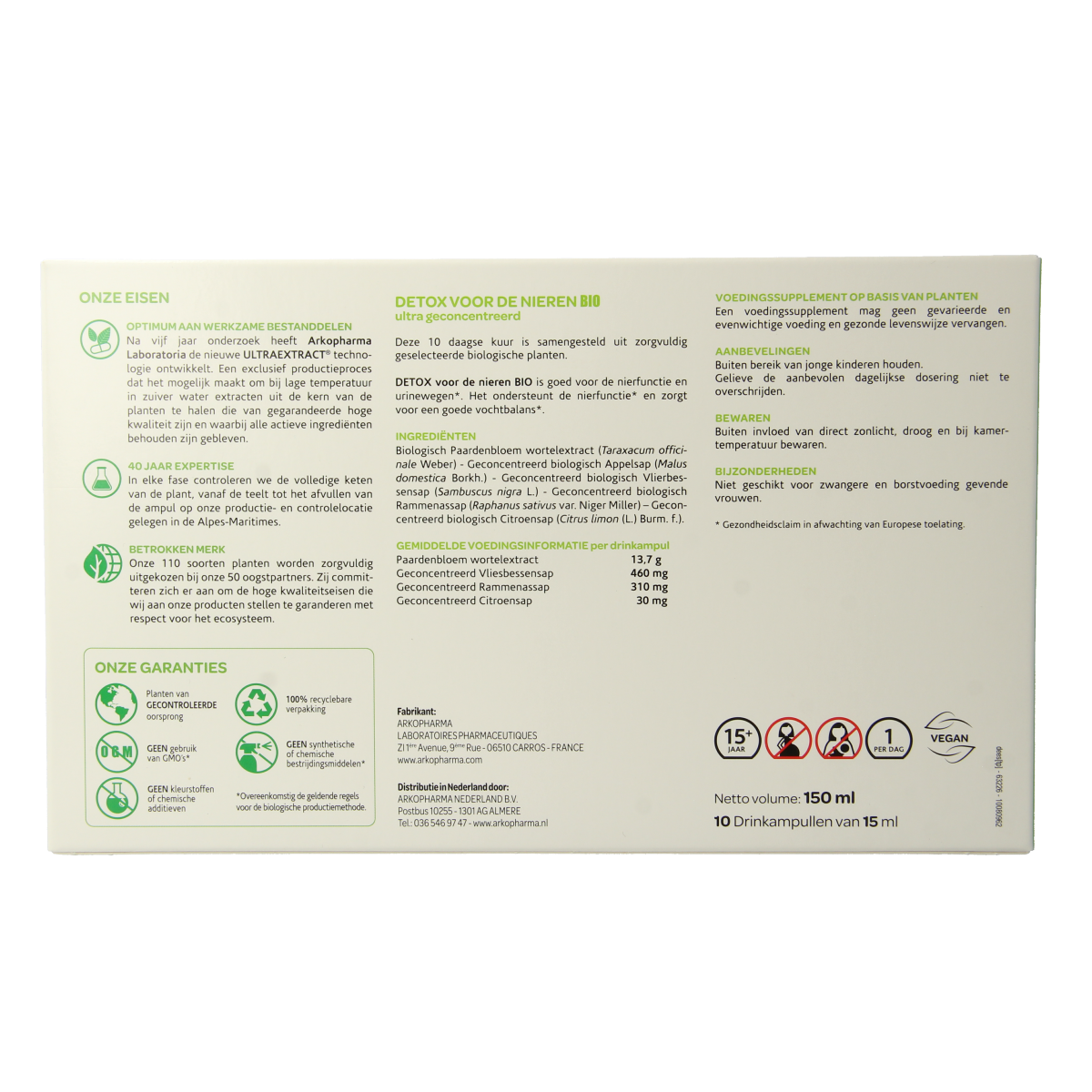 Arkofluids Detox Nieren bio herbal supplement in a box with 10 ampoules, featuring herbal ingredients for kidney support.