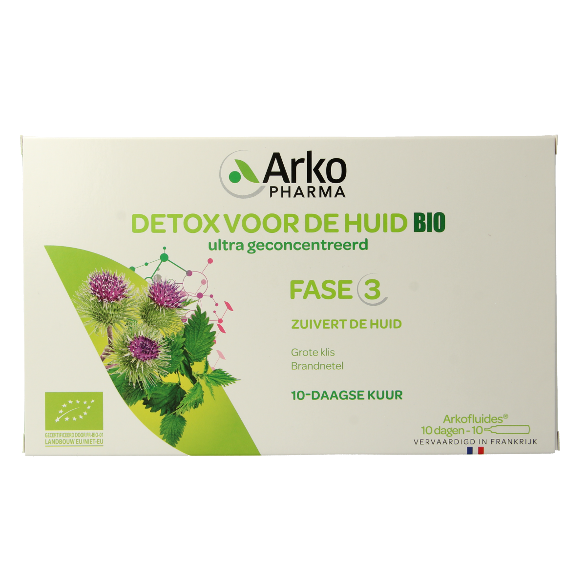 Arkofluids Detox huid bio herbal supplement in 10 ampullen, featuring natural ingredients for skin cleansing and detox.