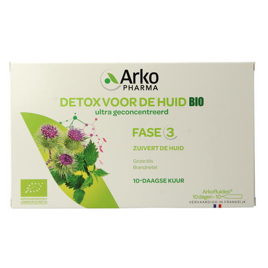 Arkofluids Detox huid bio herbal supplement in 10 ampullen, featuring natural ingredients for skin cleansing and detox.