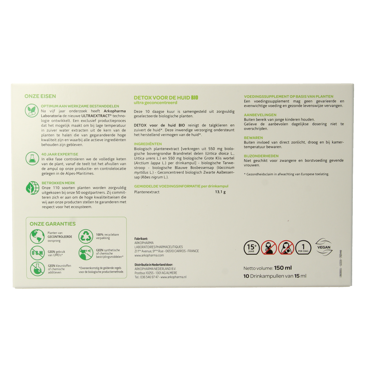 Arkofluids Detox huid bio herbal supplement in a box of 10 ampoules, featuring natural herbal ingredients for skin health.