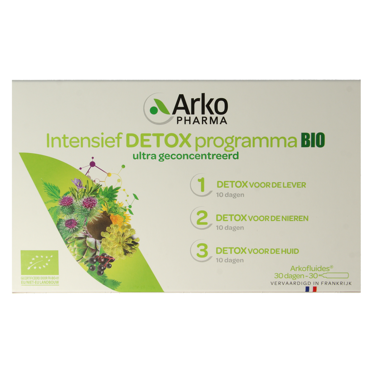 Arkofluids Bio detox 30-day herbal supplement with 30 ampoules for natural cleansing and detoxification.