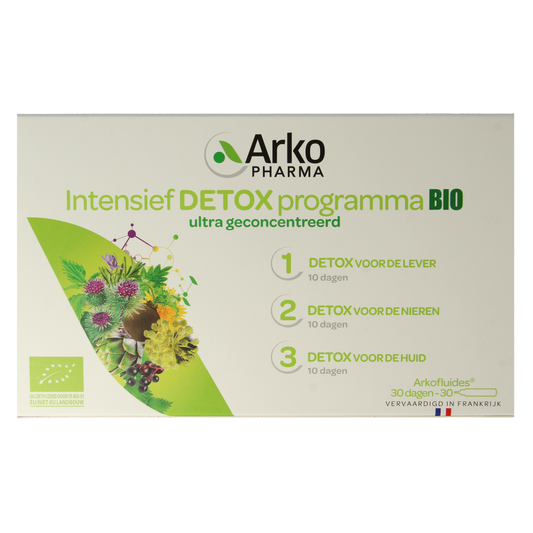 Arkofluids Bio detox 30-day herbal supplement with 30 ampoules for natural cleansing and detoxification.