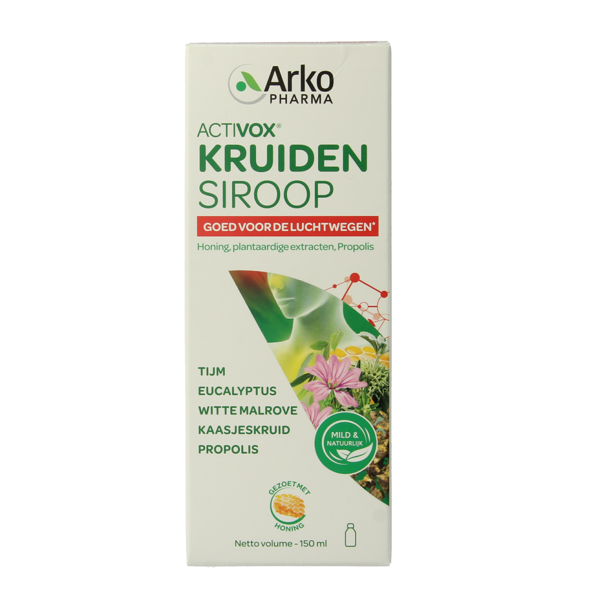 Arkopharma Kruidenpreparaten Kruidensiroop 150ml bottle with herbal ingredients and label, natural herbal syrup product.