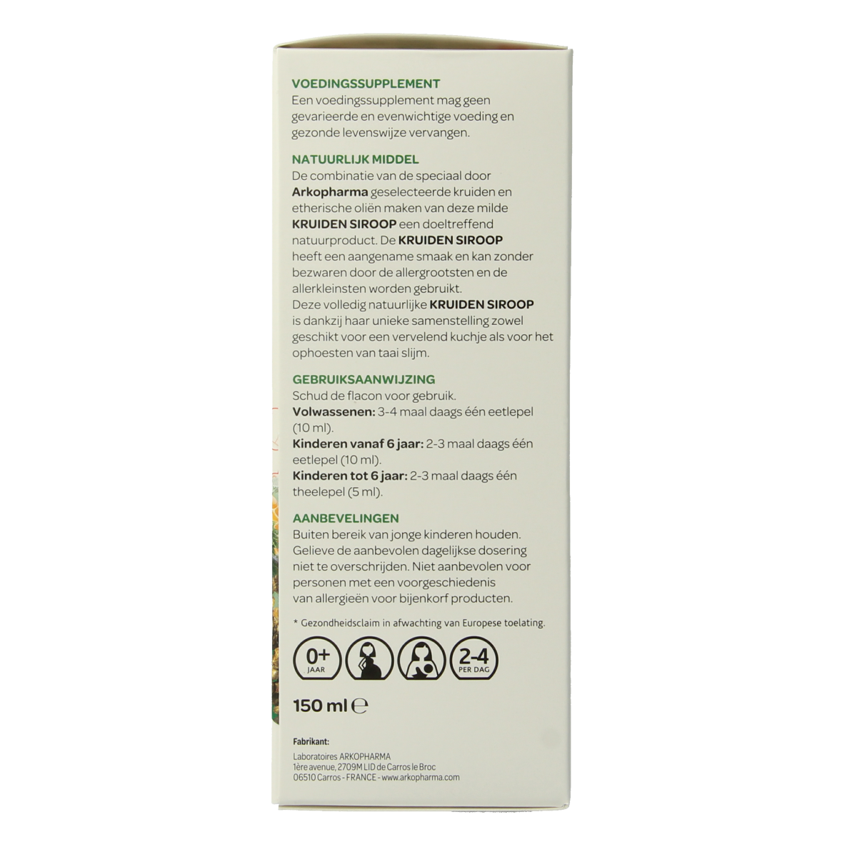 Arkopharma Kruidenpreparaten Kruidensiroop in 150ml bottle, herbal syrup with natural ingredients, displayed in a clear glass bottle