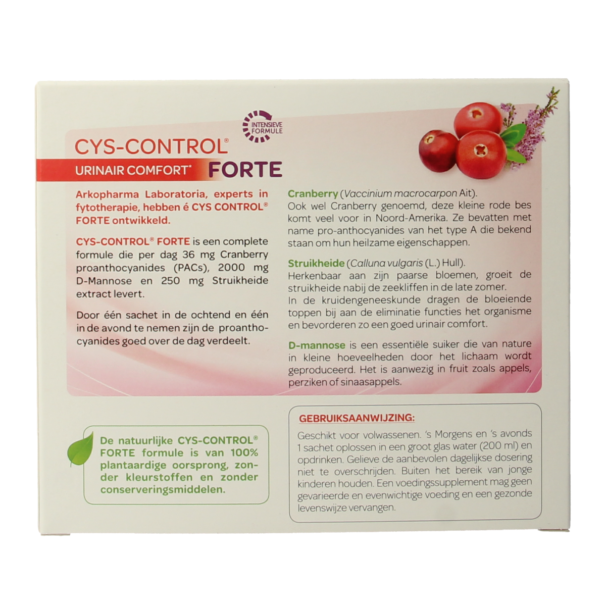 Cys-Control Forte 14 sachets of herbal supplement in a box showing the product packaging and sachets.