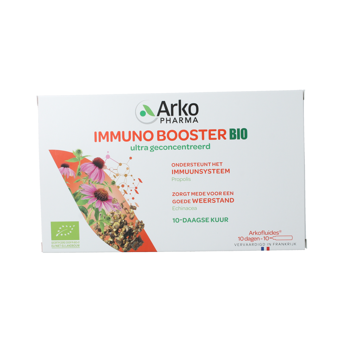 Arkofluids Immuno booster herbal ampoules in 15ml bio packaging, featuring natural herbal ingredients for immune support.
