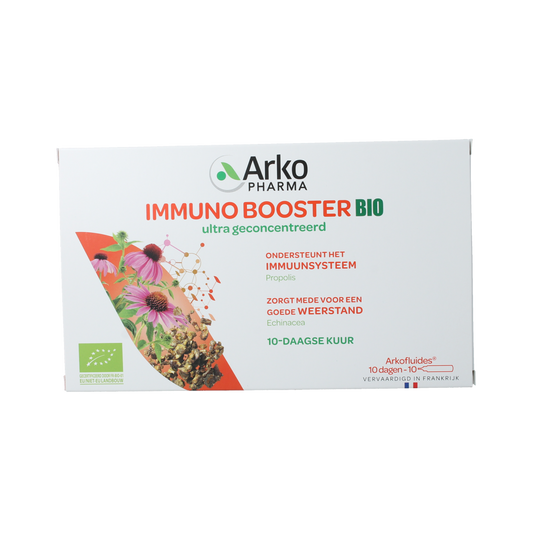Arkofluids Immuno booster herbal ampoules in 15ml bio packaging, featuring natural herbal ingredients for immune support.