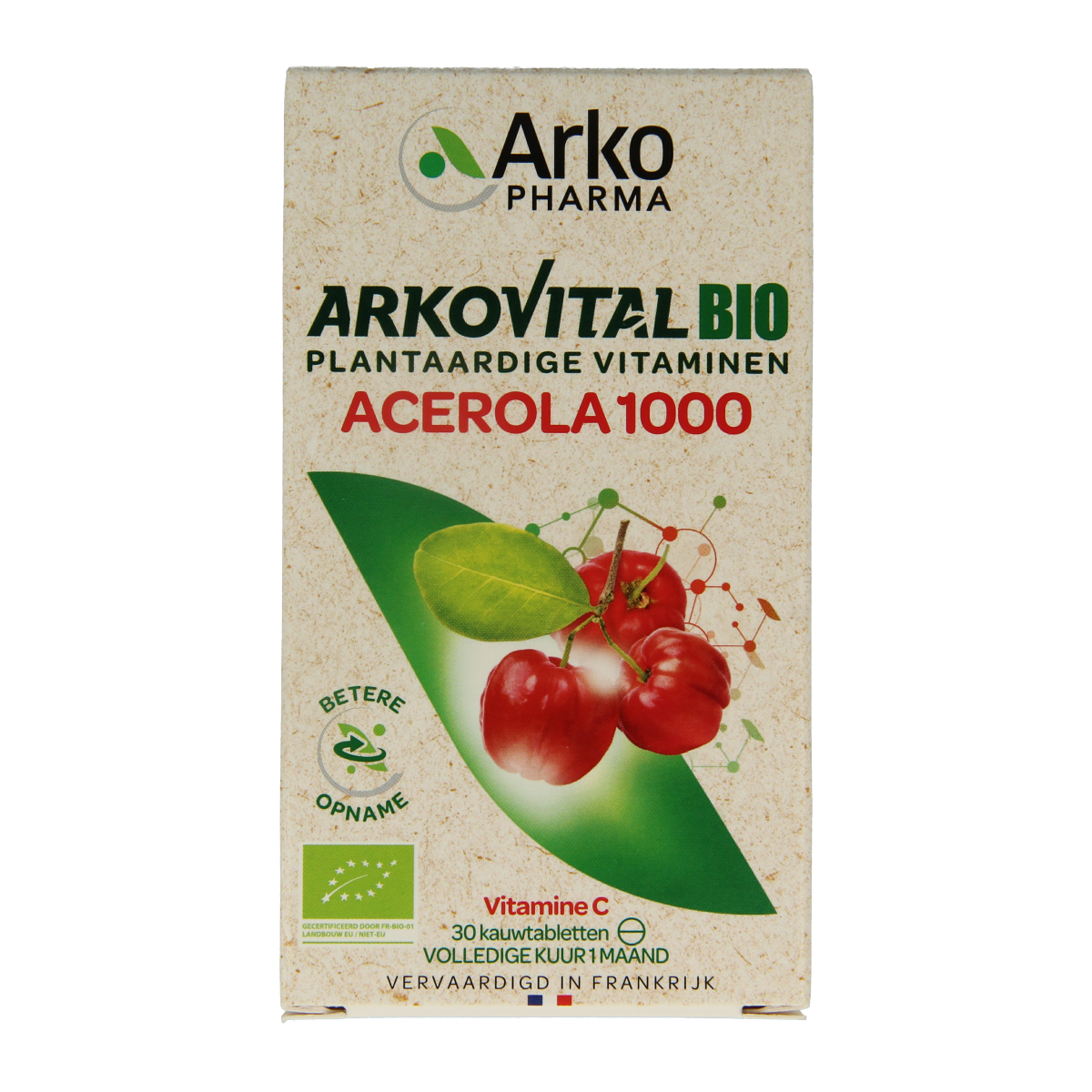 Arkovital Acerola 1000 bio chewable tablets, natural herbal supplement with acerola vitamin C, round orange tablets in blister pack.