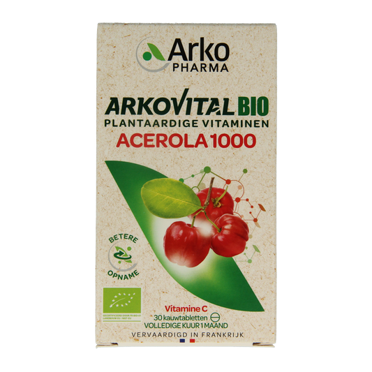 Arkovital Acerola 1000 bio chewable tablets, natural herbal supplement with acerola vitamin C, round orange tablets in blister pack.