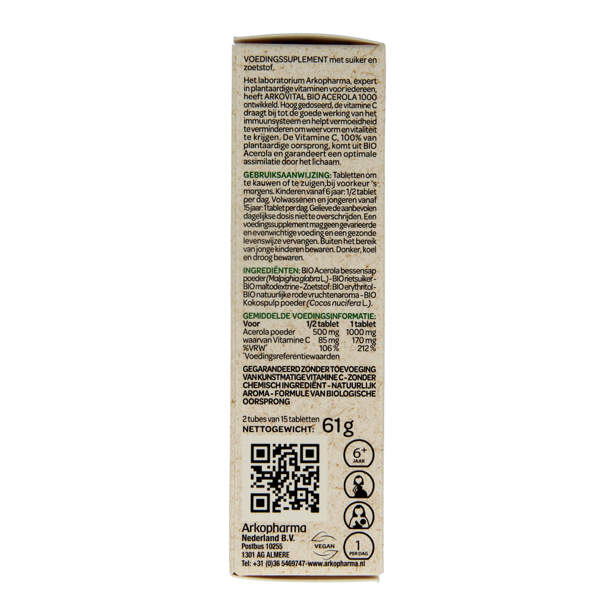 Arkovital Acerola 1000 bio chewable tablets, natural herbal supplement with vitamin C, shown in the image.