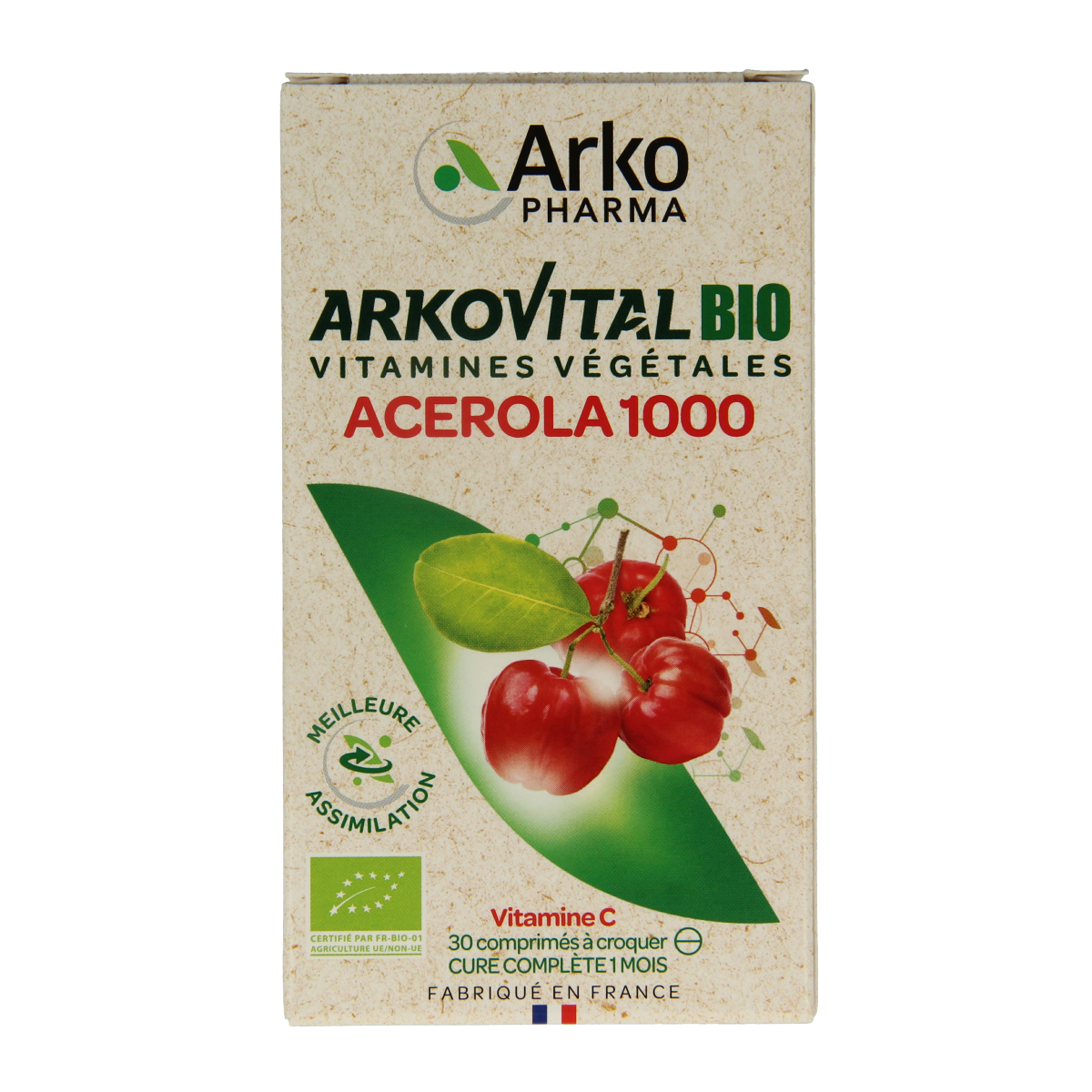 Arkovital Acerola 1000 bio chewable tablets, natural herbal supplement with vitamin C, shown in a blister pack.