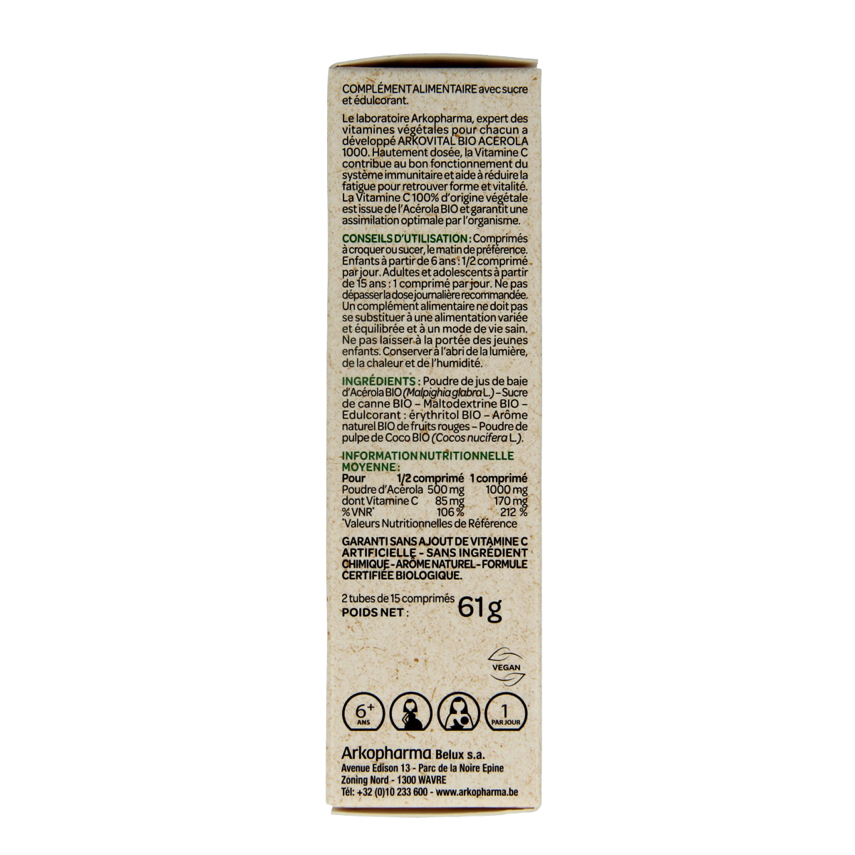 Arkovital Acerola 1000 bio chewable tablets, natural herbal supplement with vitamin C, shown in a blister pack.