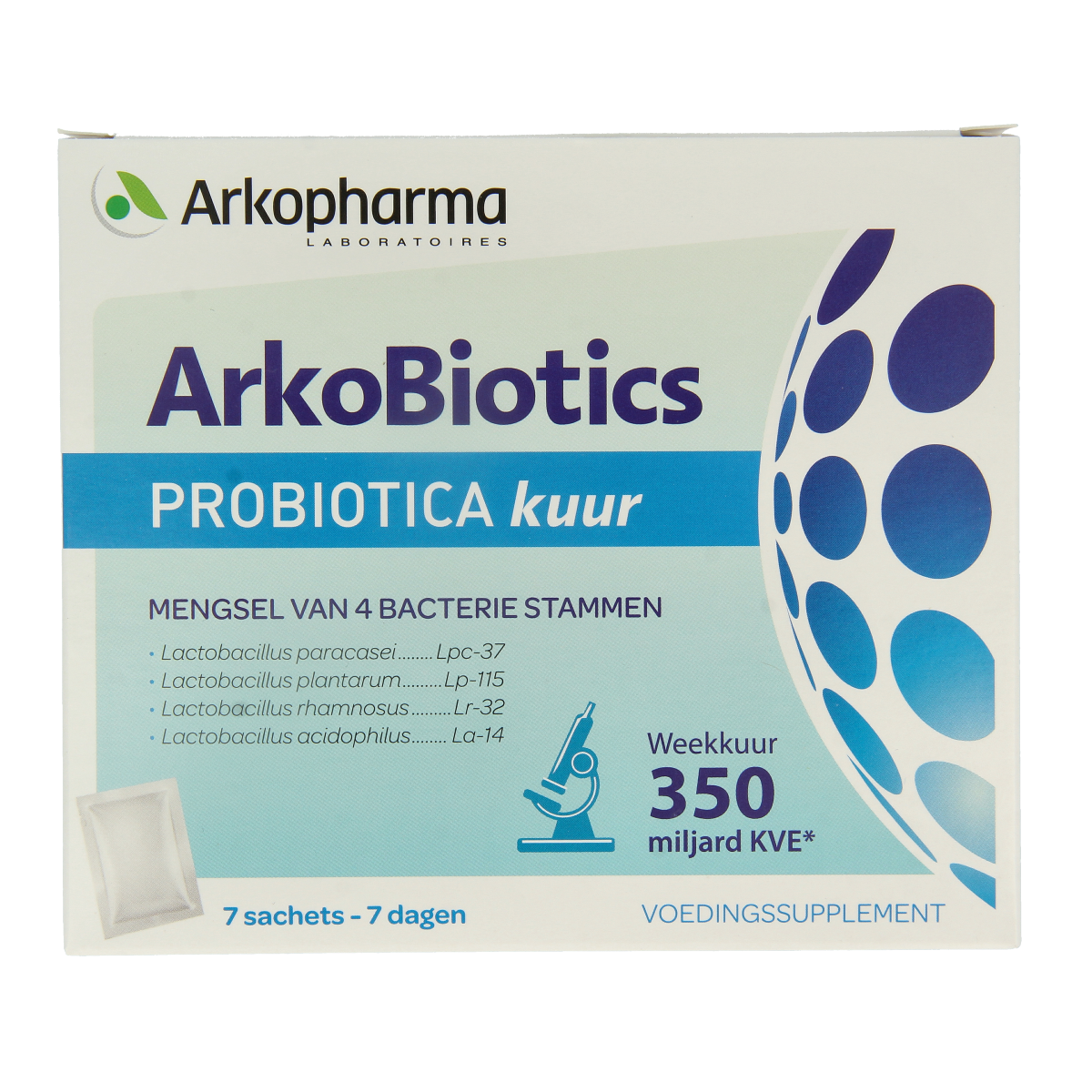Arkopharma Arkobiotics probiotic supplement sachets with micro-organisms for digestive health, shown in a close-up image