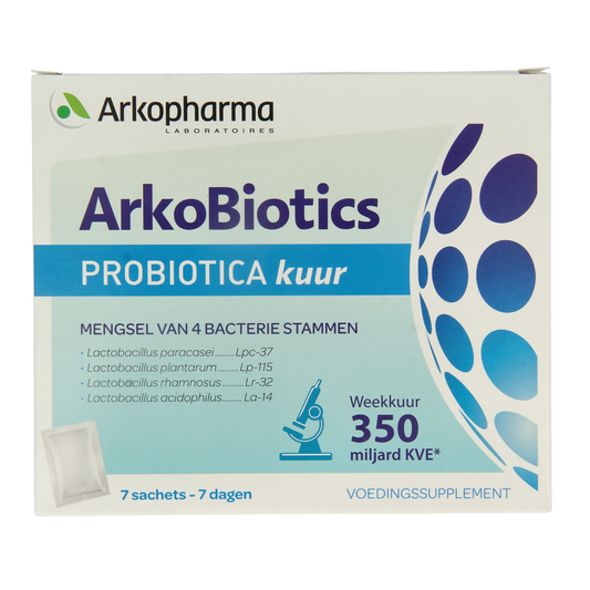 Arkopharma Arkobiotics probiotic supplement sachets with micro-organisms for digestive health, shown in a close-up image
