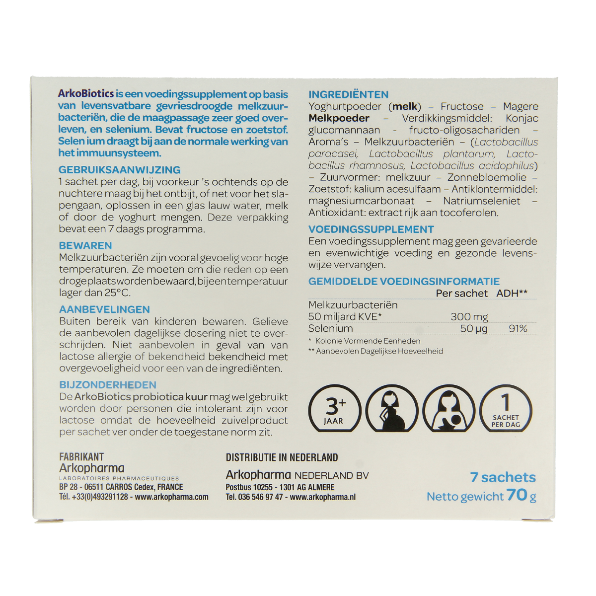 Arkopharma Arkobiotics probiotic supplement sachets with micro-organisms for digestive health, 7-pack.