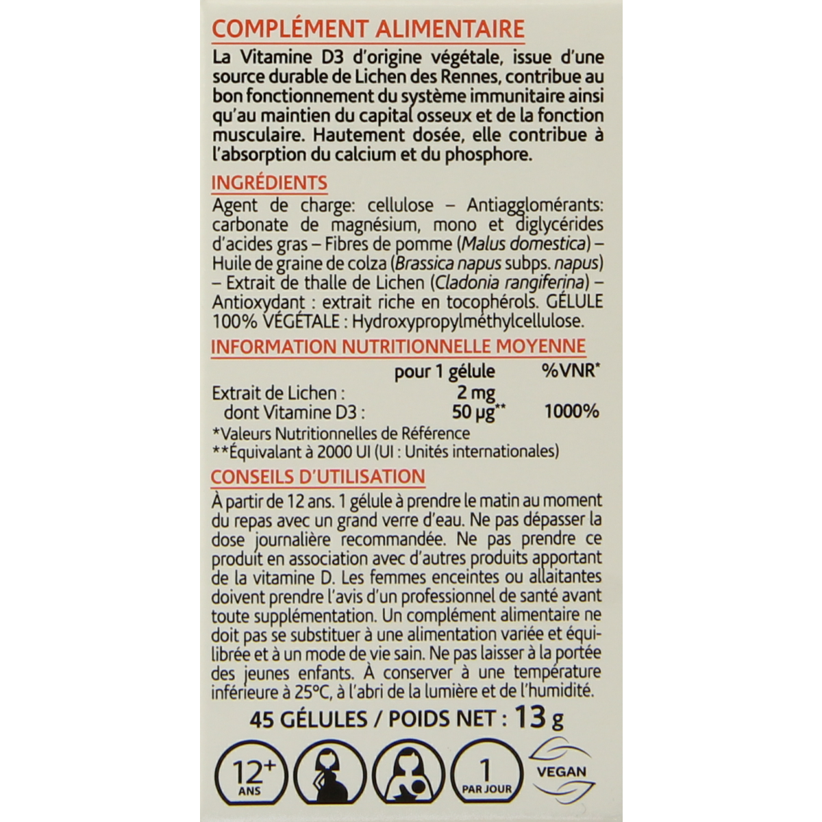 Arkocaps vegan Vitamin D3 2000IU capsules, showing a close-up of the supplement bottle with 45 capsules.