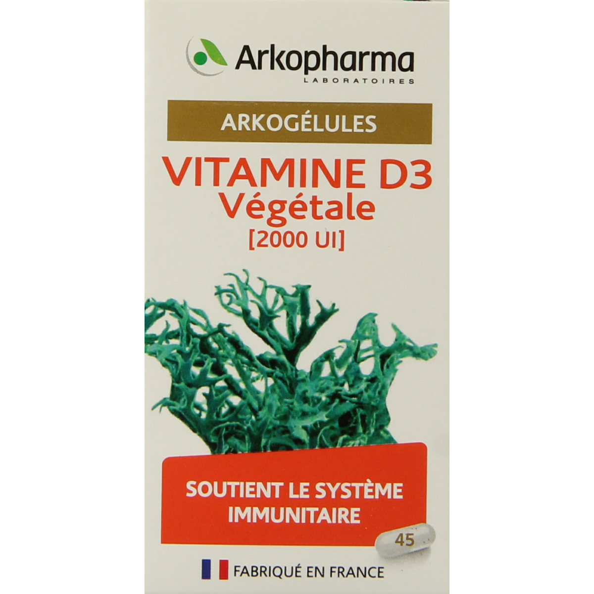 Arkocaps vegan Vitamin D3 2000IU capsules, 45 count, shown in blister pack, natural supplement for bone health